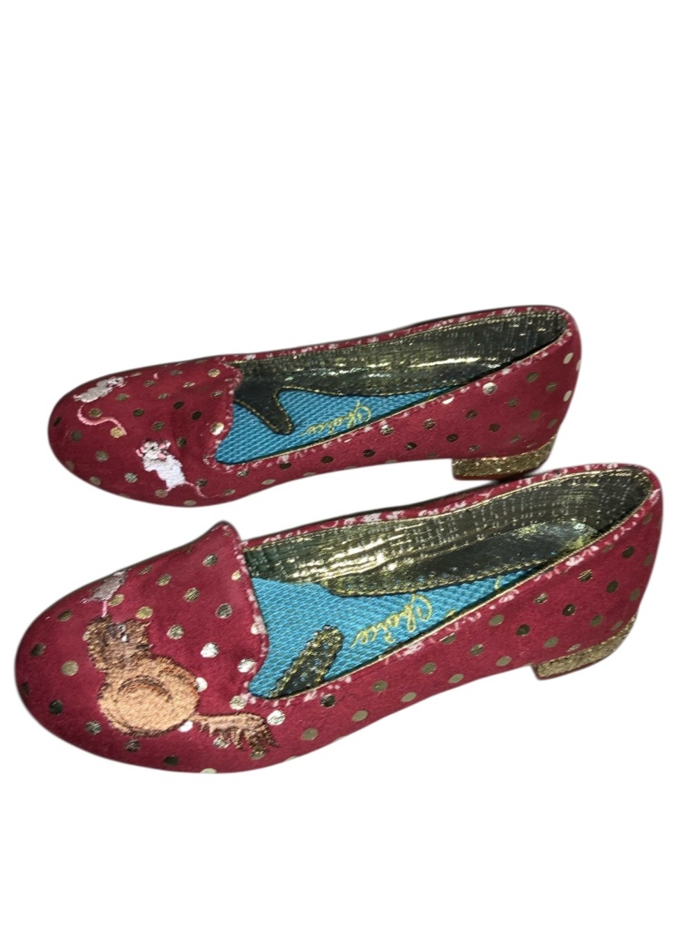 Irregular Choice Red Gold Glitter TWISKERS Cat Chasing Mouse Flats Size 7 EUC
